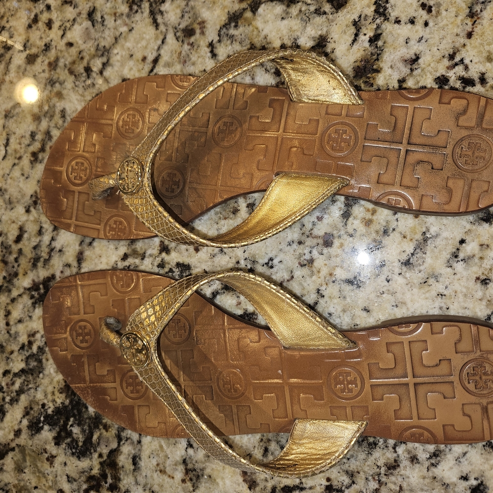 Tory Burch Gold and Brown Sandals with Signature Medallion